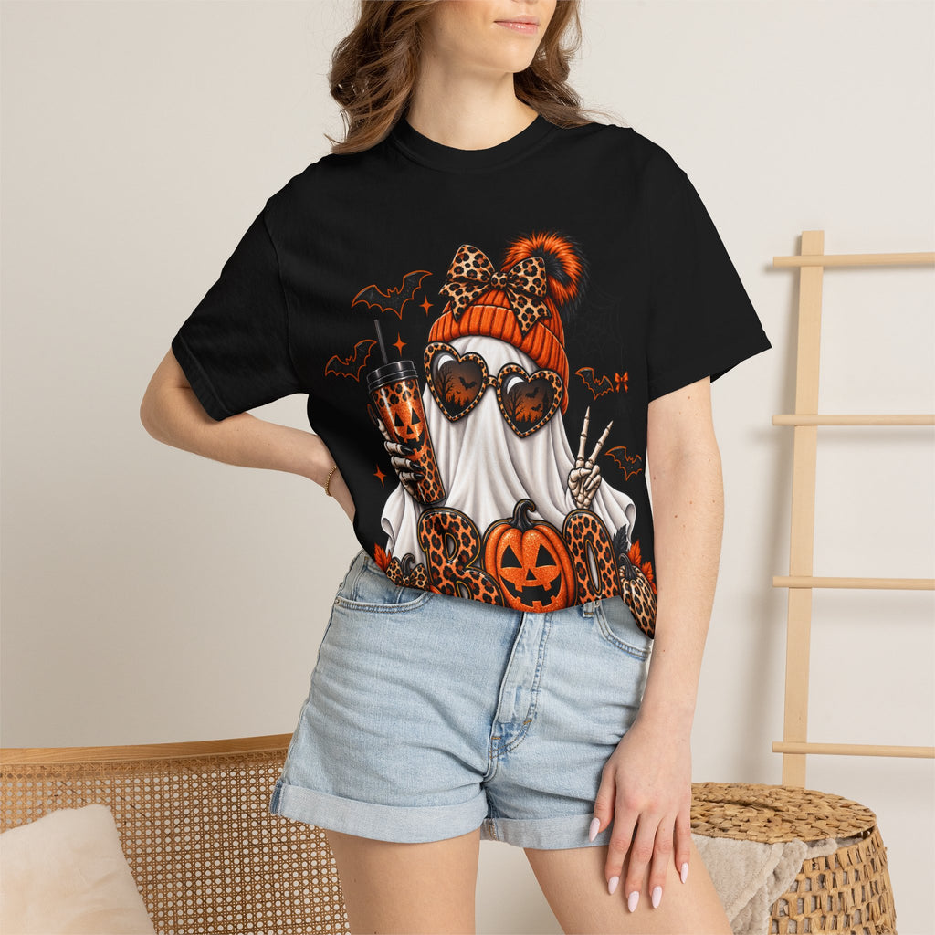 Halloween Leopard Ghost T-Shirt — Pumpkin, Bat & Trick-or-Treat Vibes