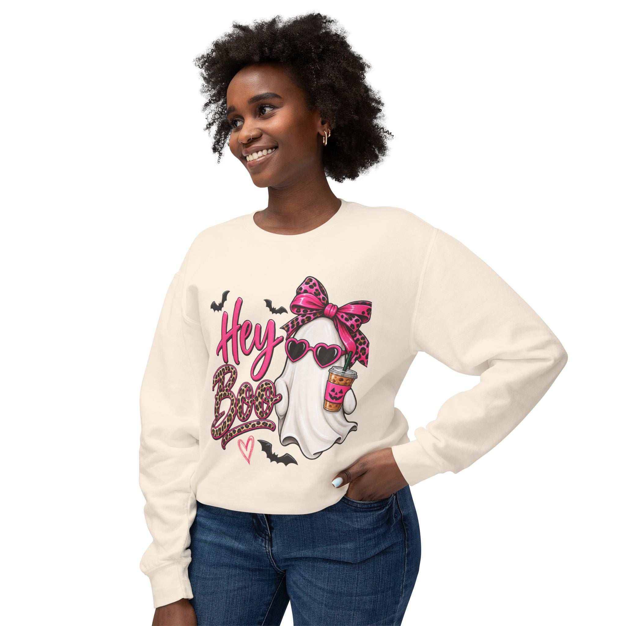 Hey Boo Ghost Sweatshirt — Cute Pink Leopard Halloween Crewneck
