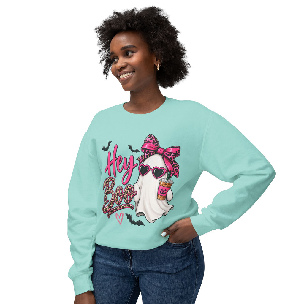 Hey Boo Ghost Sweatshirt — Cute Pink Leopard Halloween Crewneck