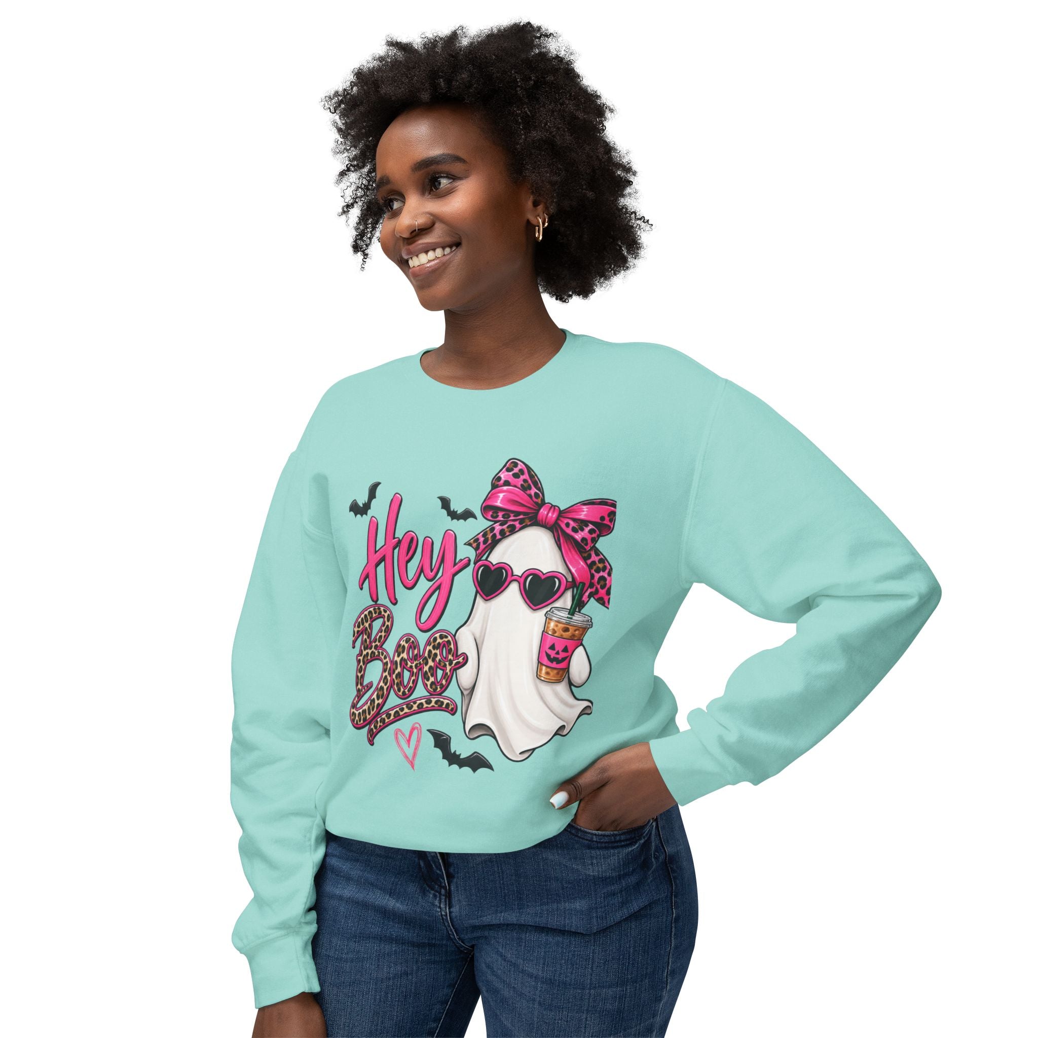 Hey Boo Ghost Sweatshirt — Cute Pink Leopard Halloween Crewneck