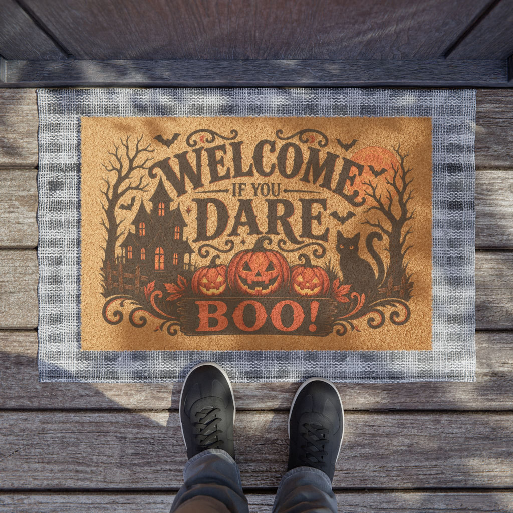 Halloween Doormat - "Welcome If You Dare, Boo!" Spooky Pumpkin & Black Cat Entry Mat