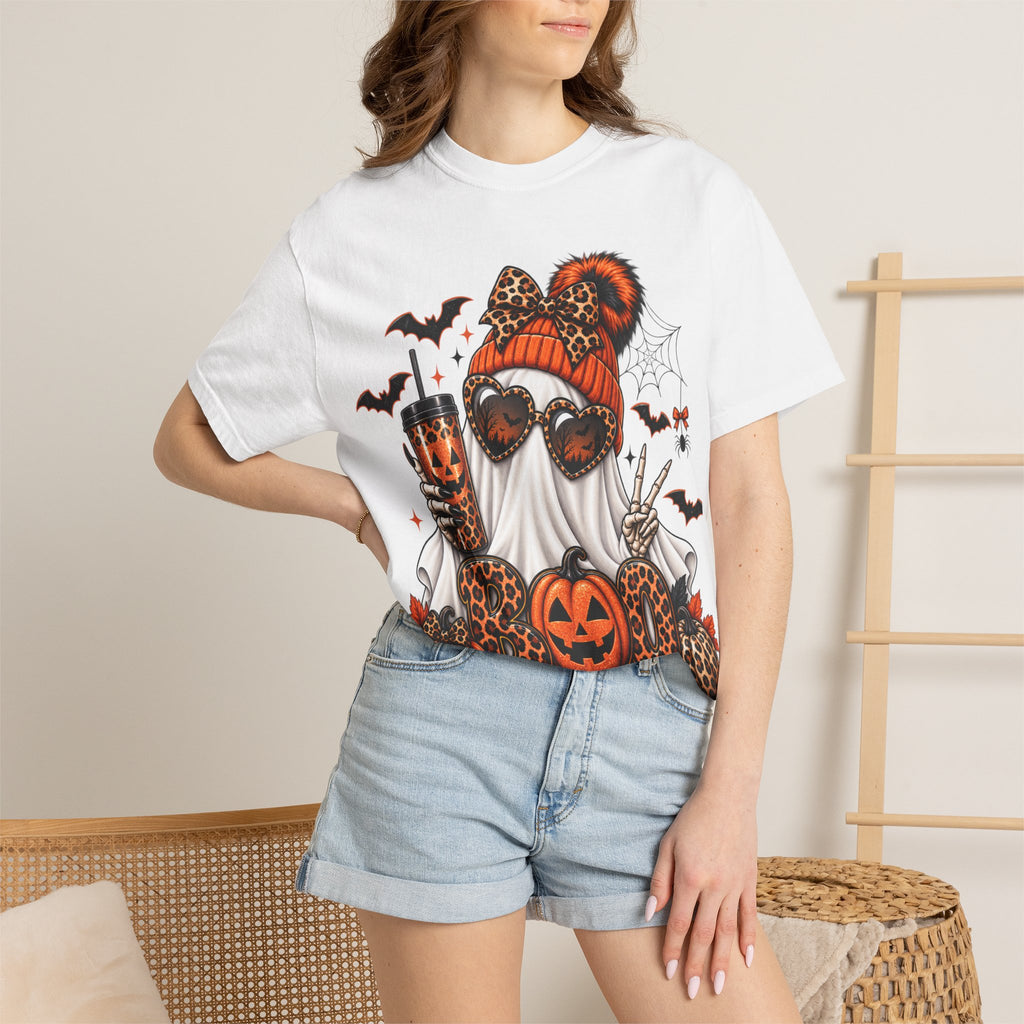 Halloween Leopard Ghost T-Shirt — Pumpkin, Bat & Trick-or-Treat Vibes
