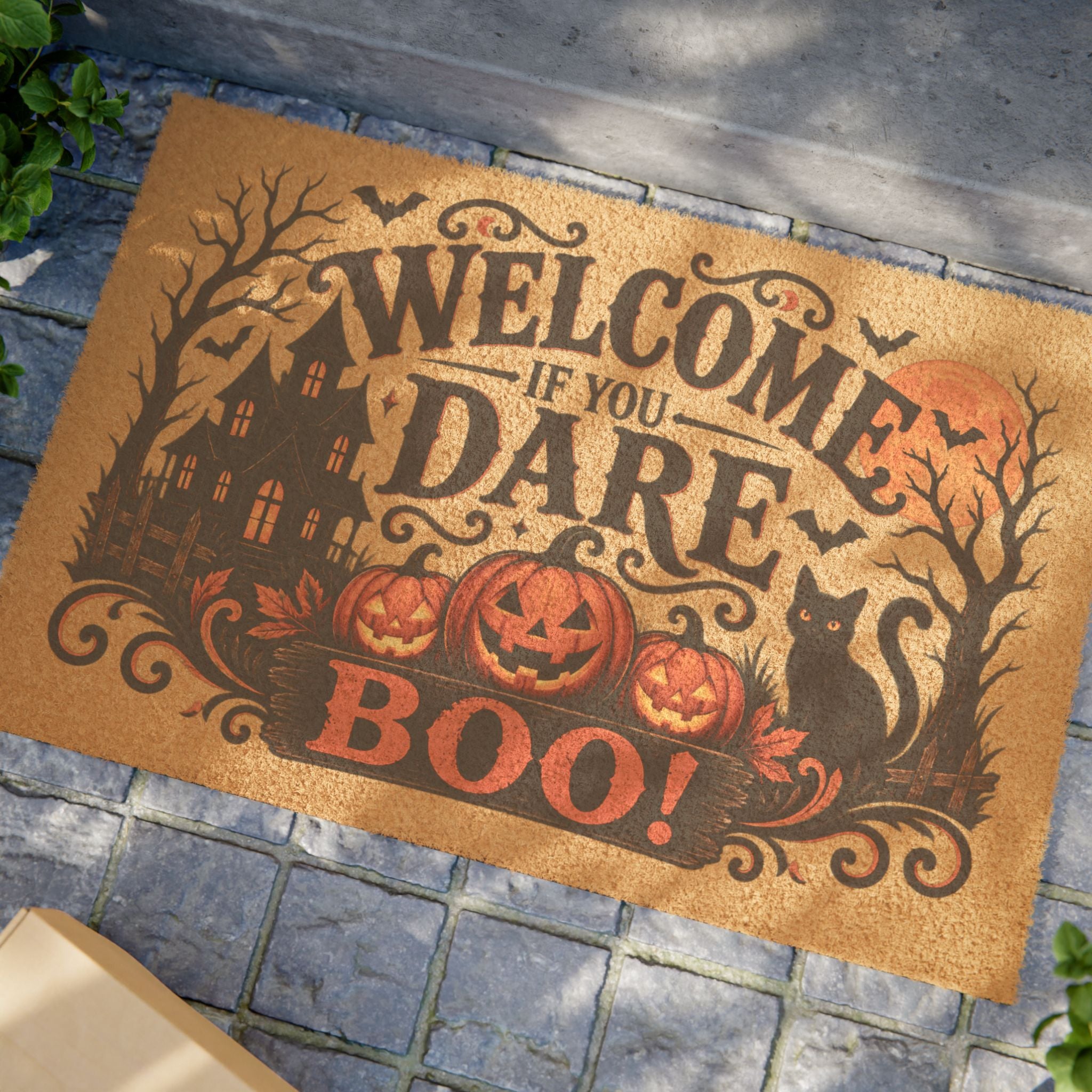 Halloween Doormat - "Welcome If You Dare, Boo!" Spooky Pumpkin & Black Cat Entry Mat
