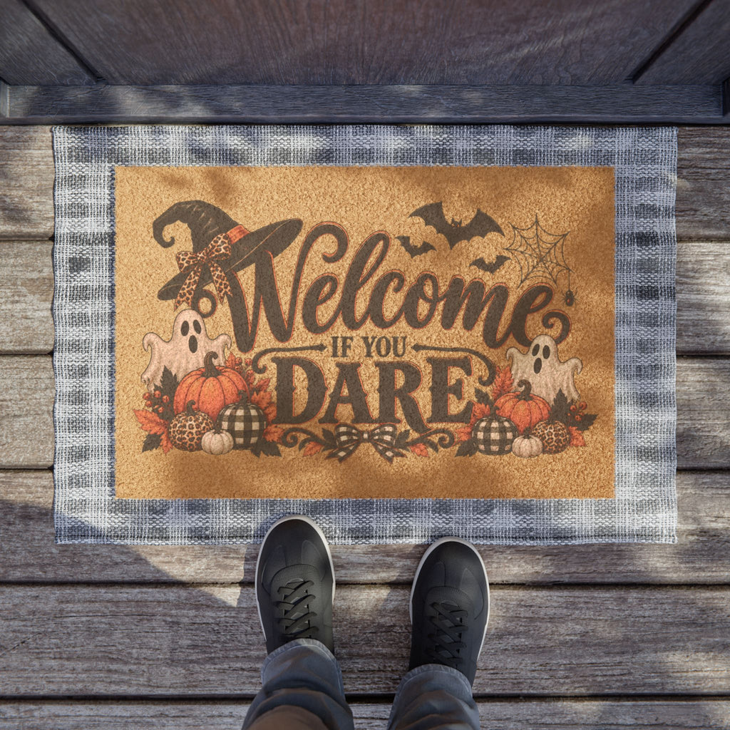 Halloween Doormat - "Welcome If You Dare" Spooky Entry Mat with Ghosts, Pumpkins & Bats