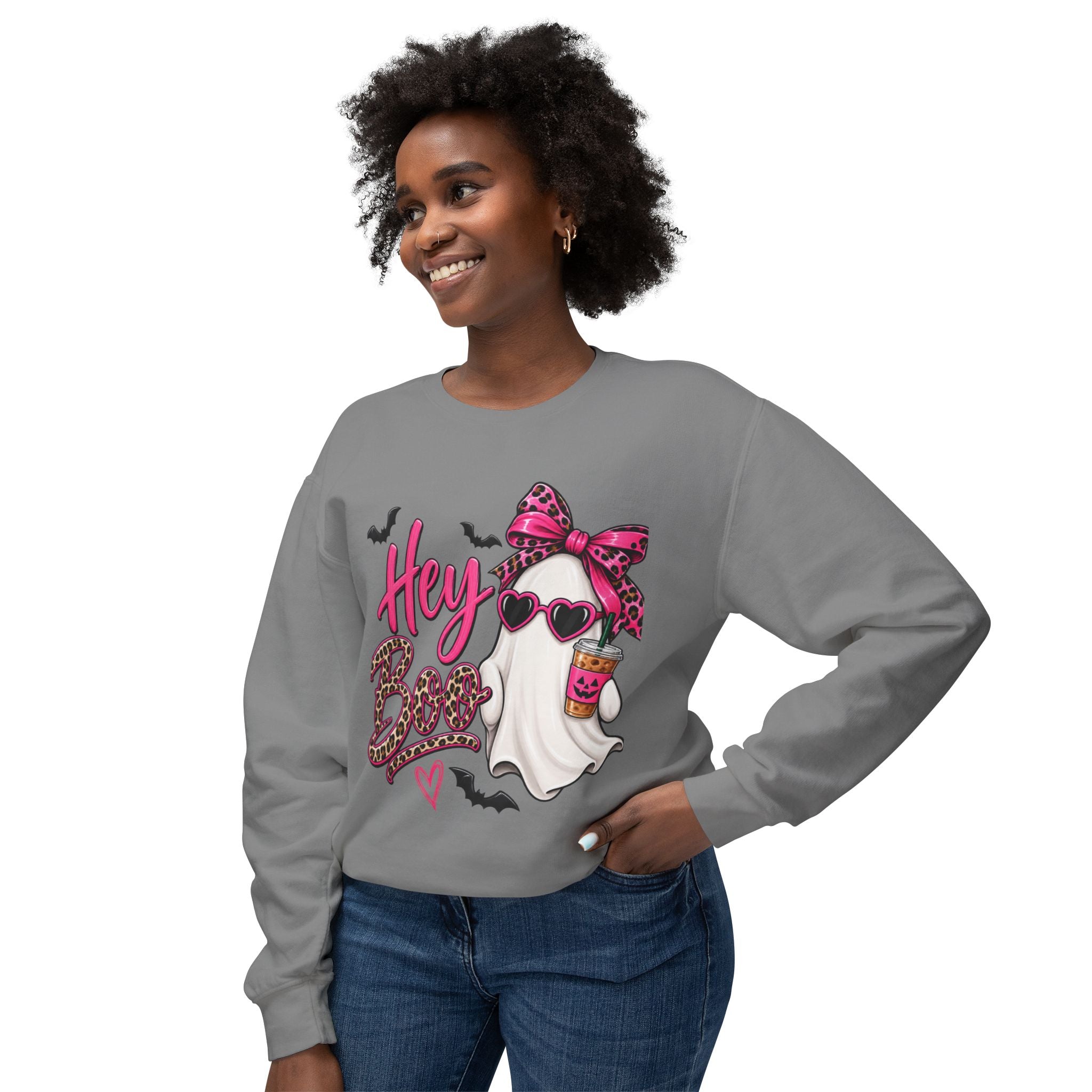 Hey Boo Ghost Sweatshirt — Cute Pink Leopard Halloween Crewneck