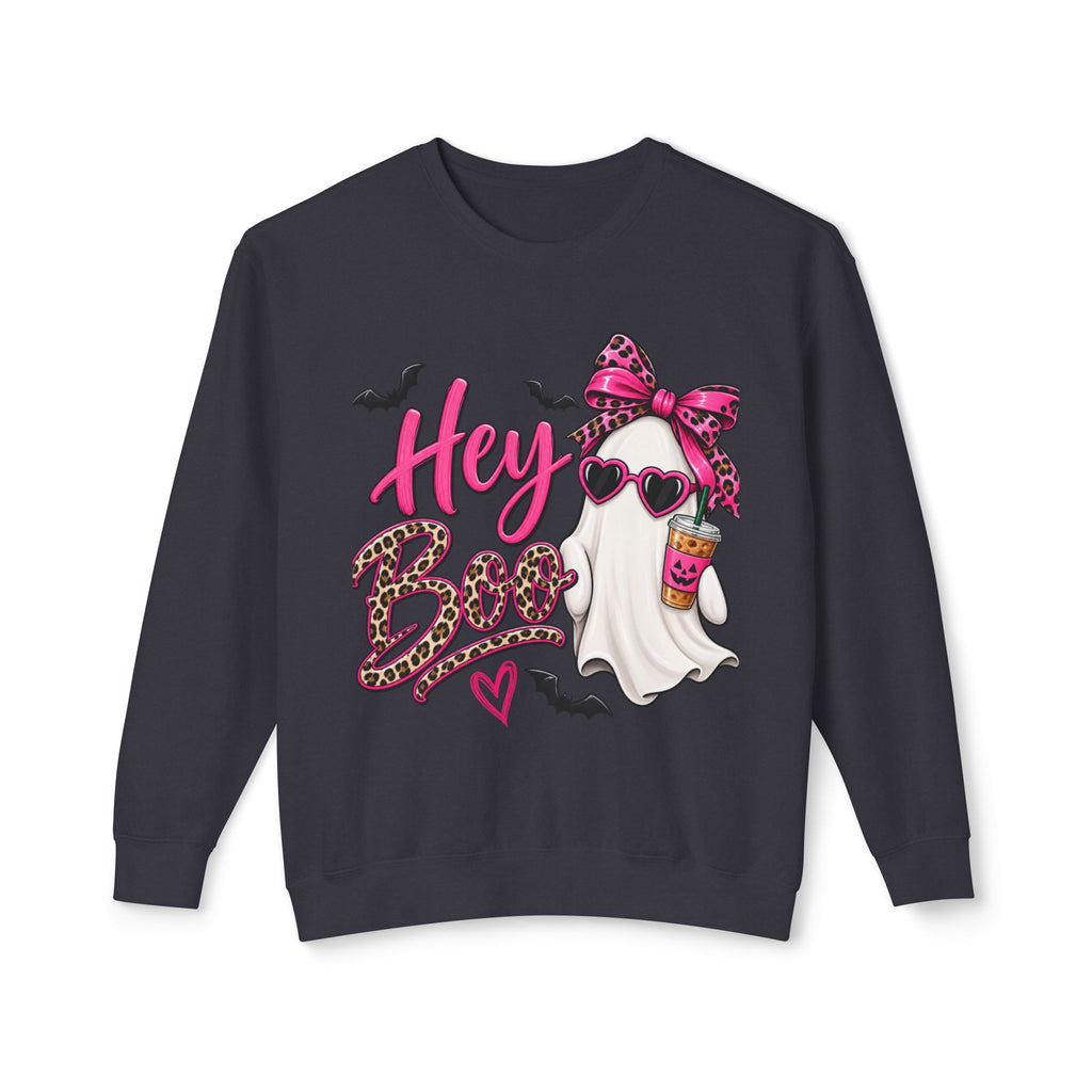 Hey Boo Ghost Sweatshirt — Cute Pink Leopard Halloween Crewneck