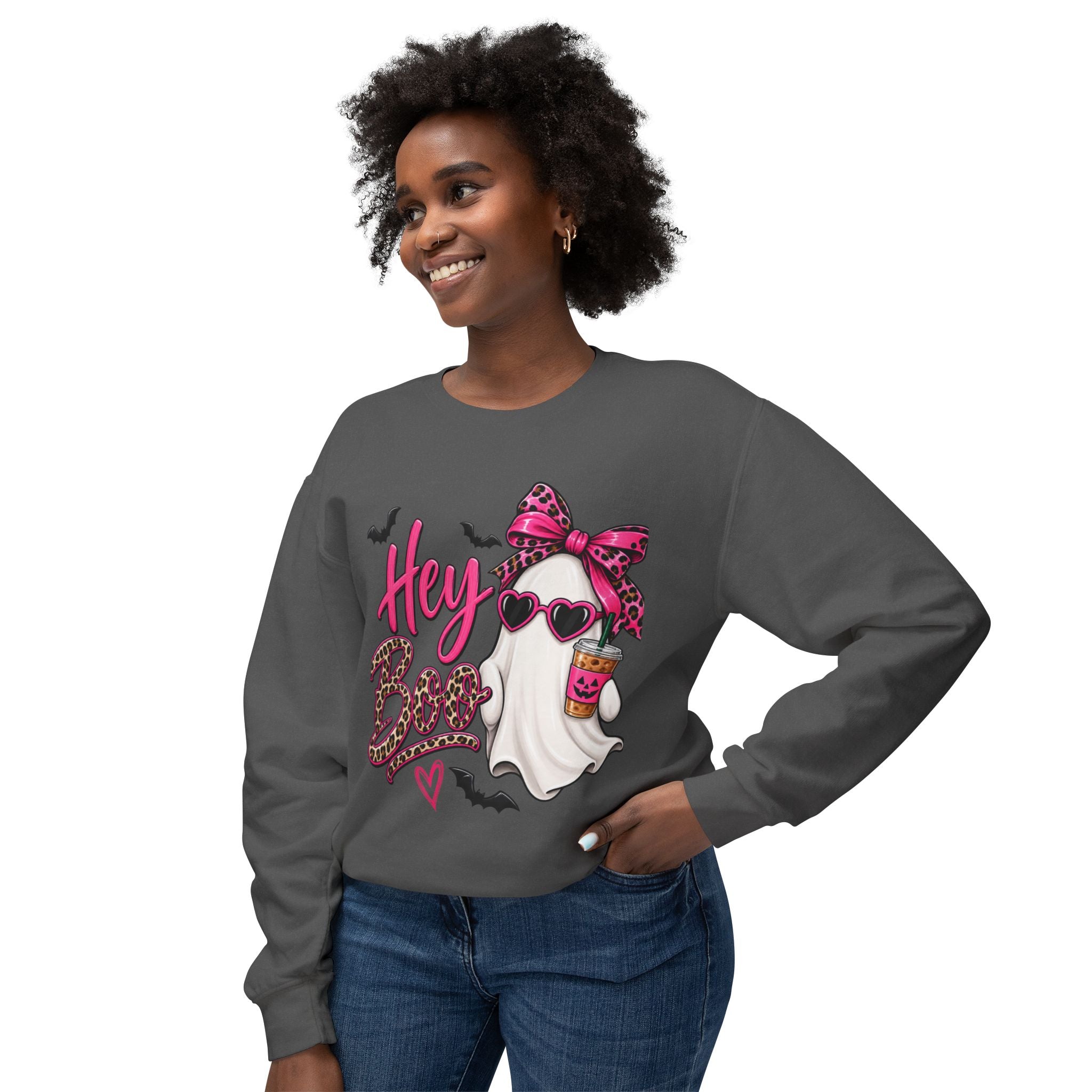 Hey Boo Ghost Sweatshirt — Cute Pink Leopard Halloween Crewneck