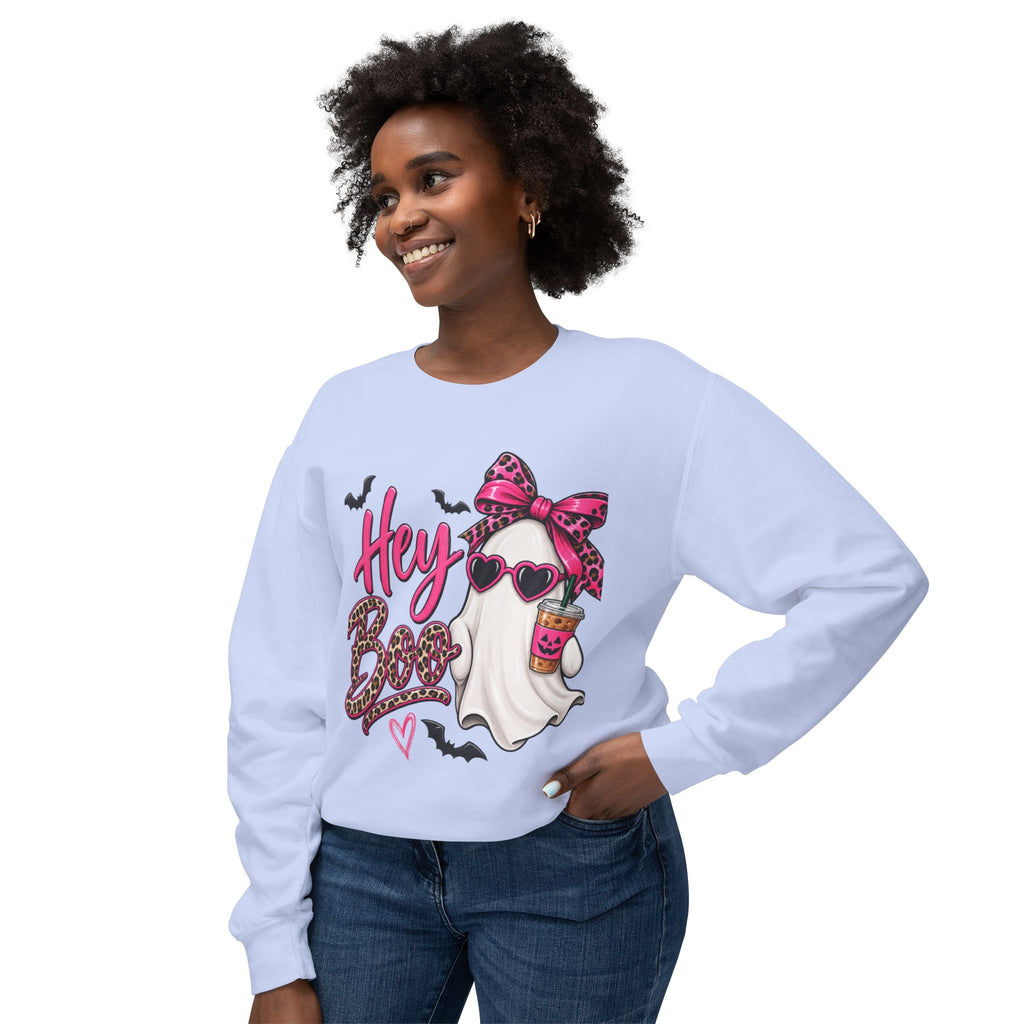 Hey Boo Ghost Sweatshirt — Cute Pink Leopard Halloween Crewneck