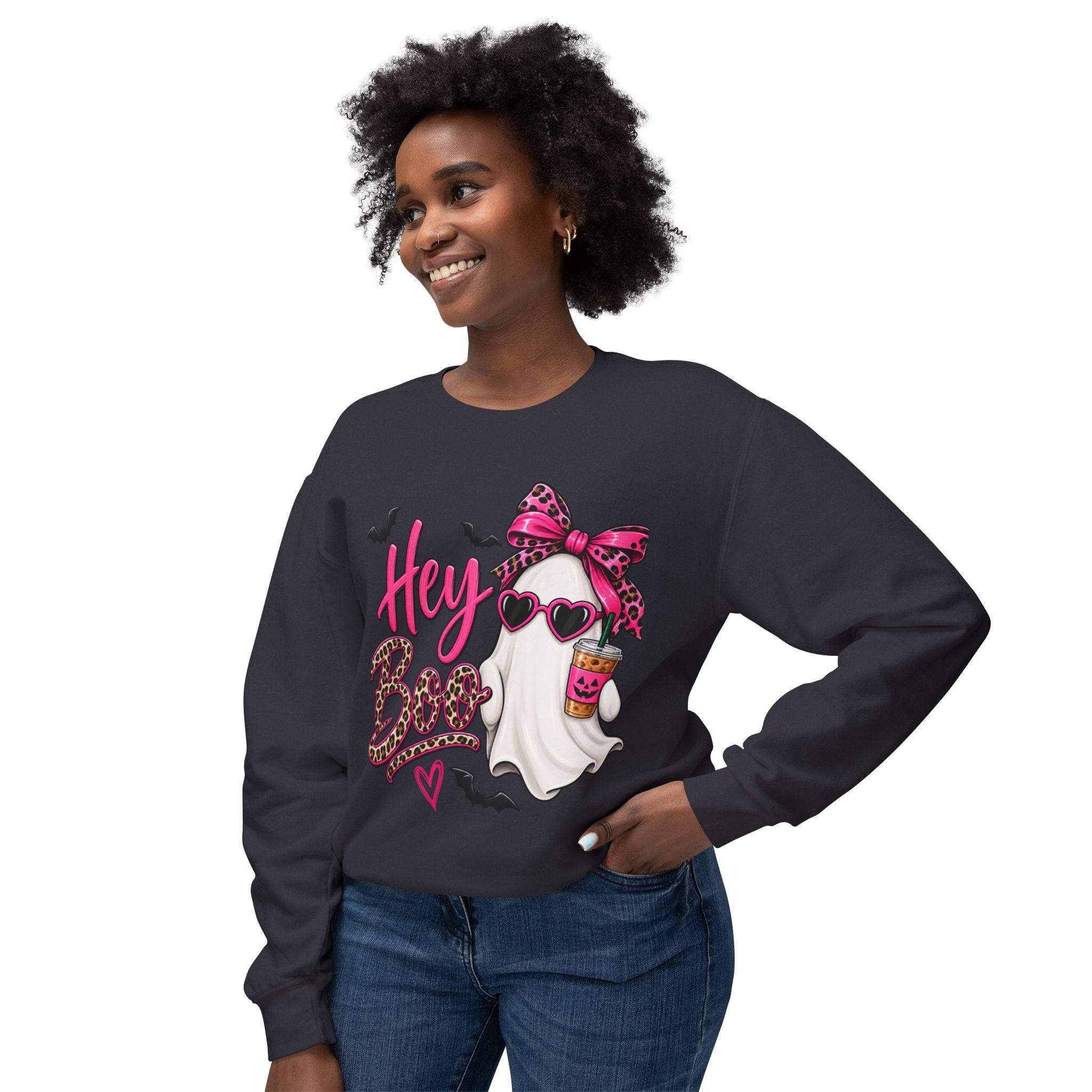 Hey Boo Ghost Sweatshirt — Cute Pink Leopard Halloween Crewneck