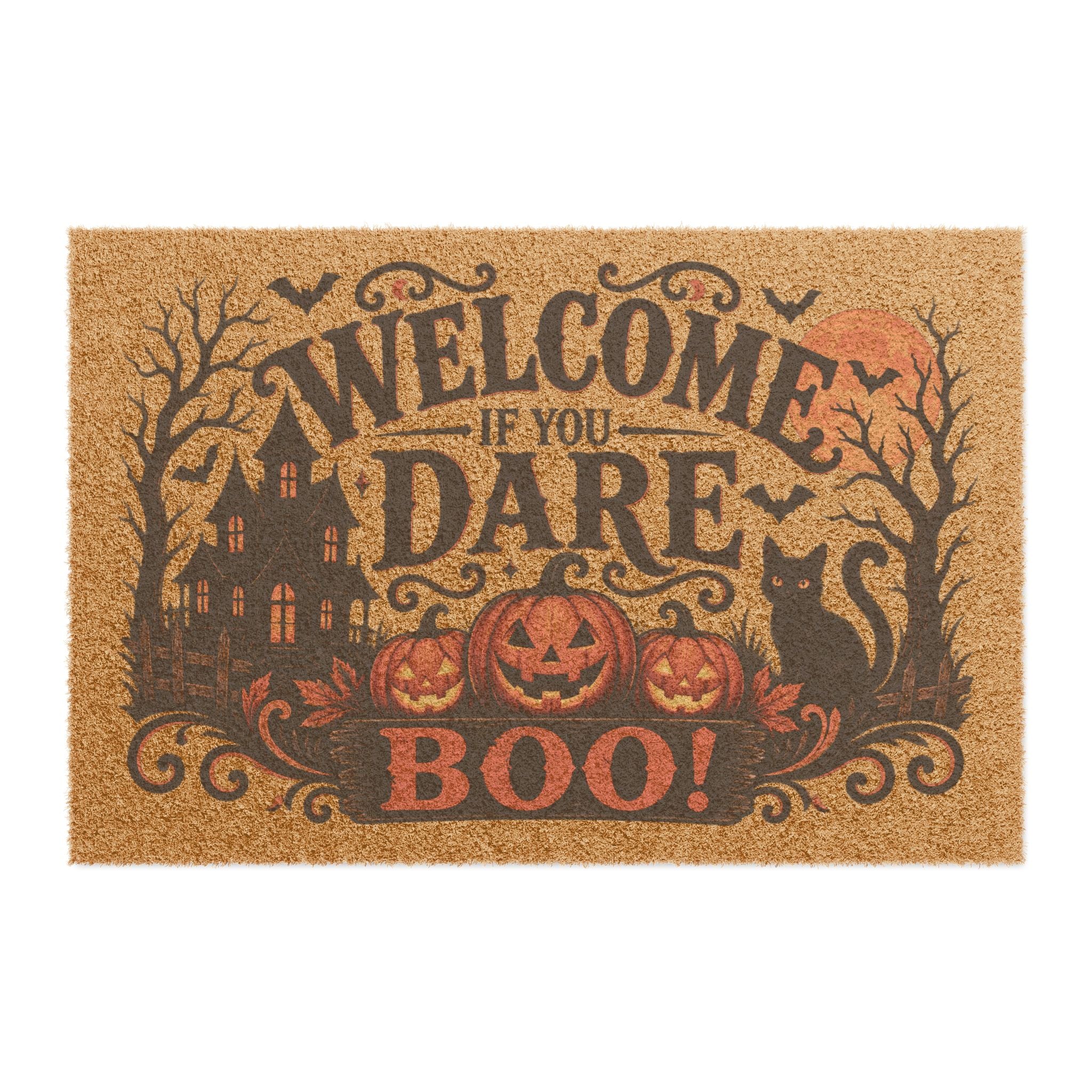 Halloween Doormat - "Welcome If You Dare, Boo!" Spooky Pumpkin & Black Cat Entry Mat