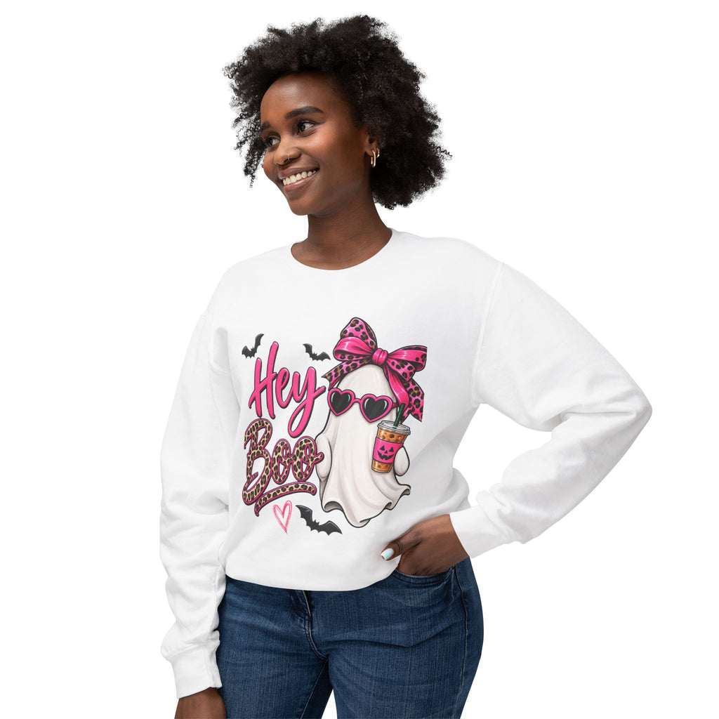 Hey Boo Ghost Sweatshirt — Cute Pink Leopard Halloween Crewneck