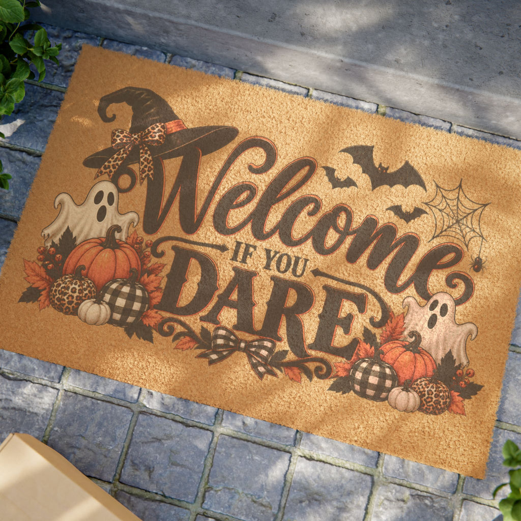 Halloween Doormat - "Welcome If You Dare" Spooky Entry Mat with Ghosts, Pumpkins & Bats